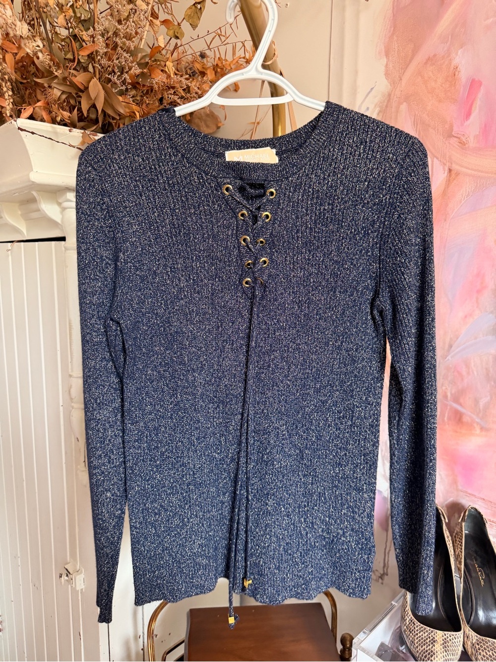 Michael Kors Navy Lace-Up Crewneck Sweater